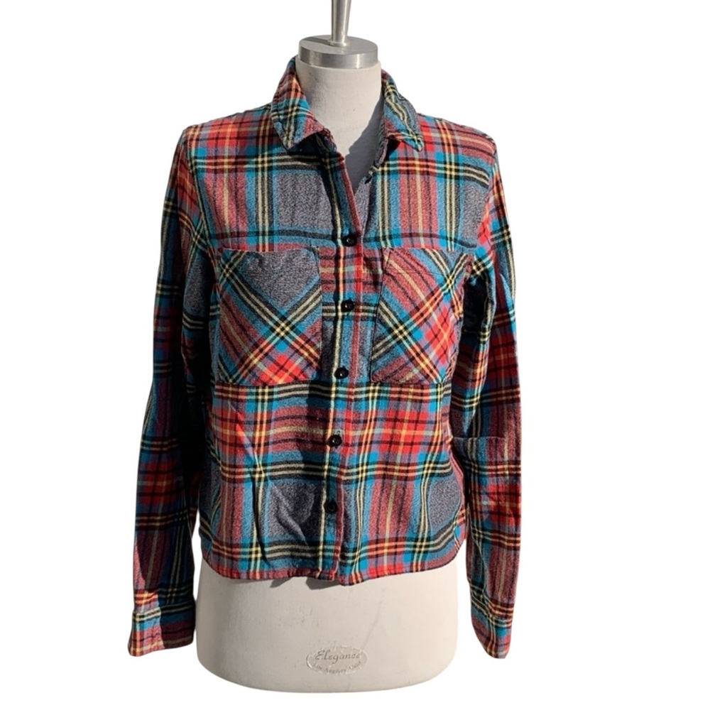 Topshop Button Down Cropped Flannel Patch Pockets… - image 1